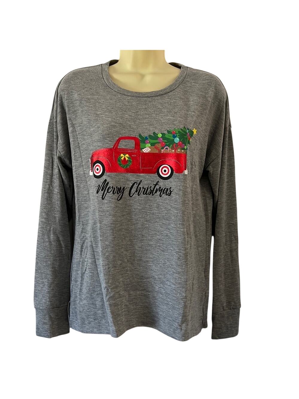 Modern Canvas Size M Gray Christmas Knit Top Woman Long Sleeve Pullover Truck